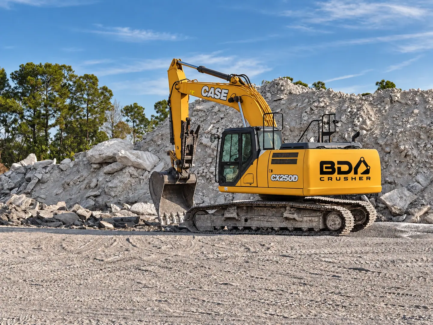 Yellow excavator beside piles of broken concrete